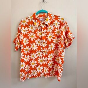 ERL Orange Daisy Pattern All Over Floral Short Sleeve Button Down Casual Shirt